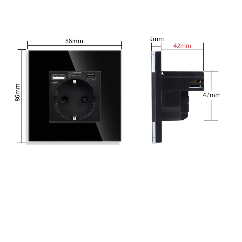 TECH WAVE utičnica sa USB/C priključkom i stakleni okvir- crna (komplet) - Image 4