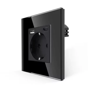 TECH WAVE utičnica sa USB/C priključkom i stakleni okvir- crna (komplet)